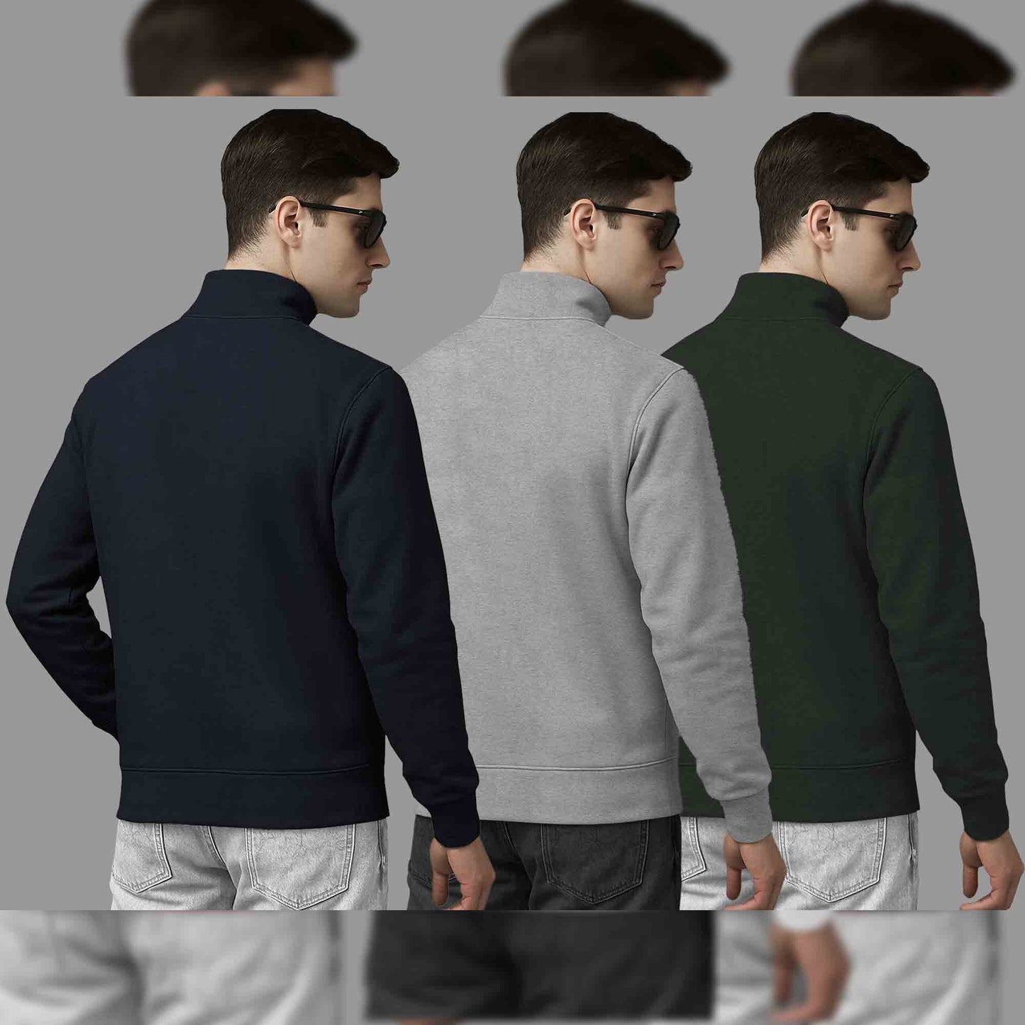 (Pack Of 3) Mens High Neck Sweatshirts Navy-Grey-Olivegreen