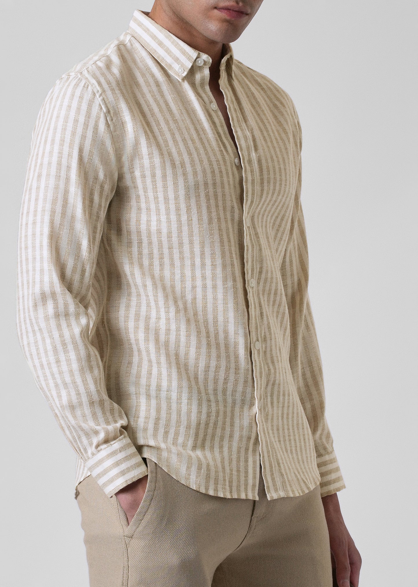 Striped Beige Blended Linen Shirt