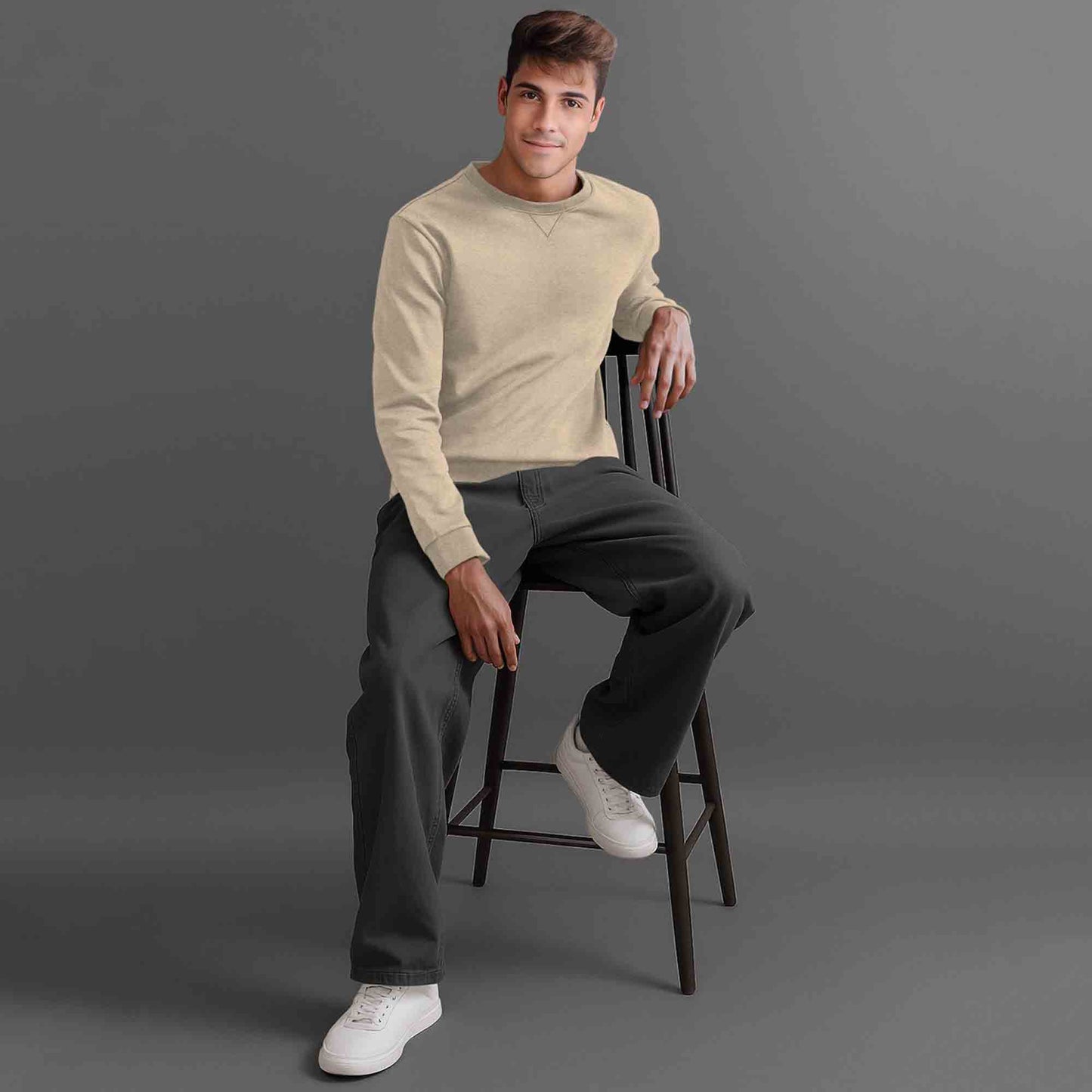 Men Full Sleeve plain round Neck Sweatshirt beige