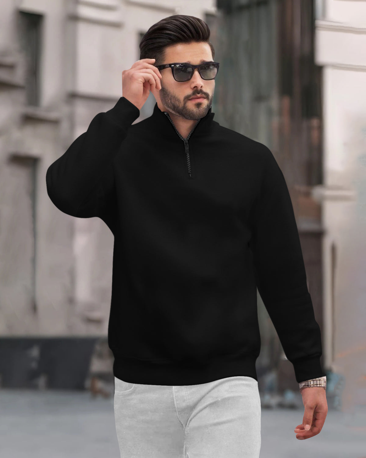 Men Plain Zipper High Neck Casual Sweatshirt / Black