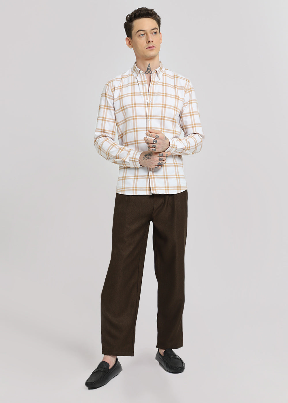 Tan Brown Oxford Cotton Check Shirt