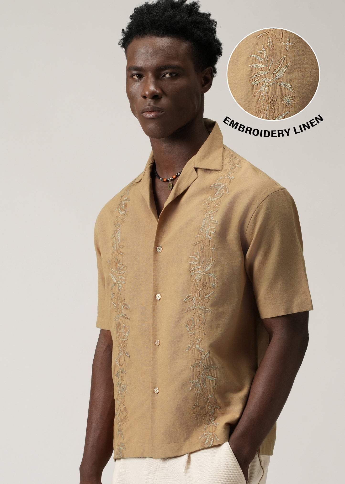 Tan Embroidery Linen Shirt