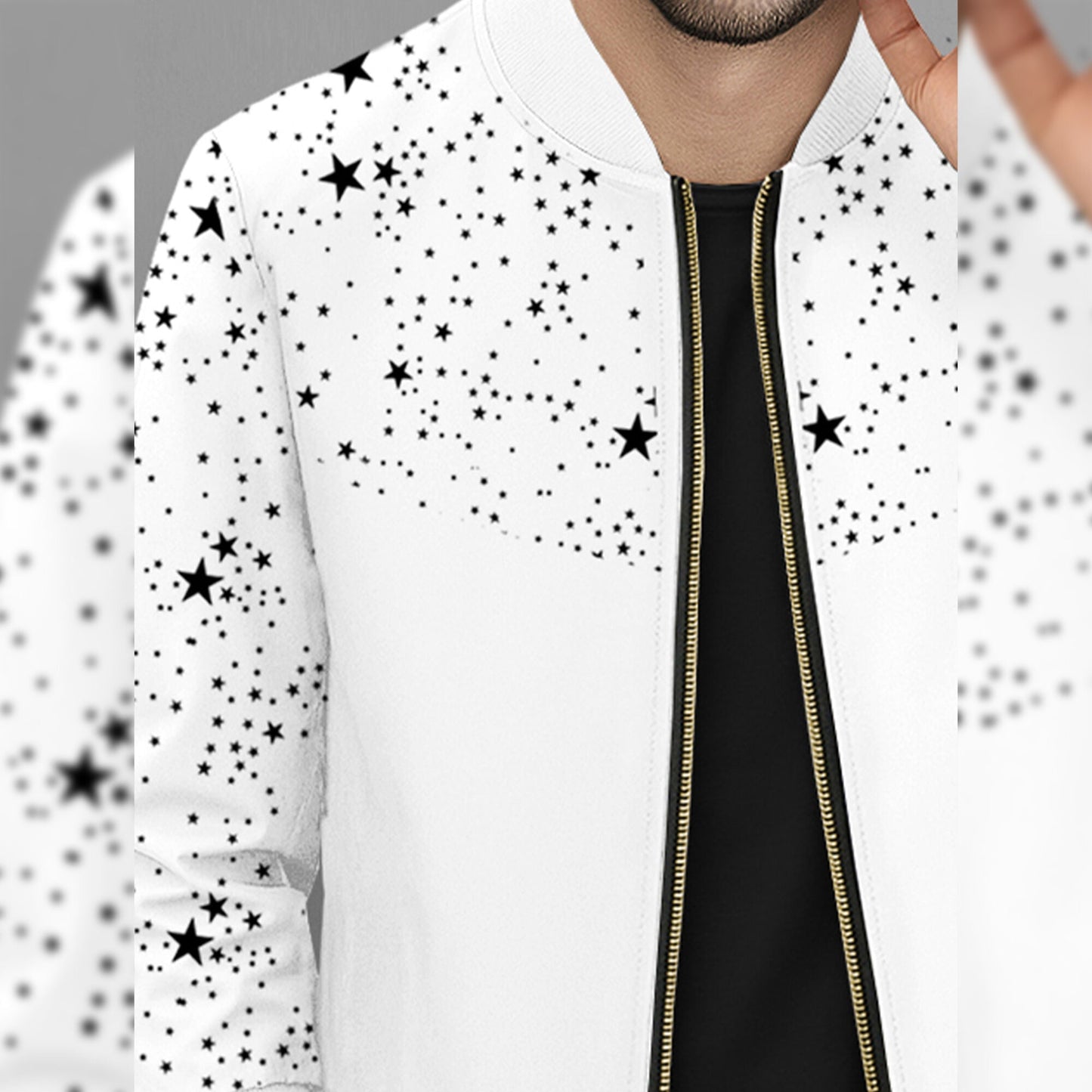 Men Full Sleeve Star Printed Round Neck Jacket White