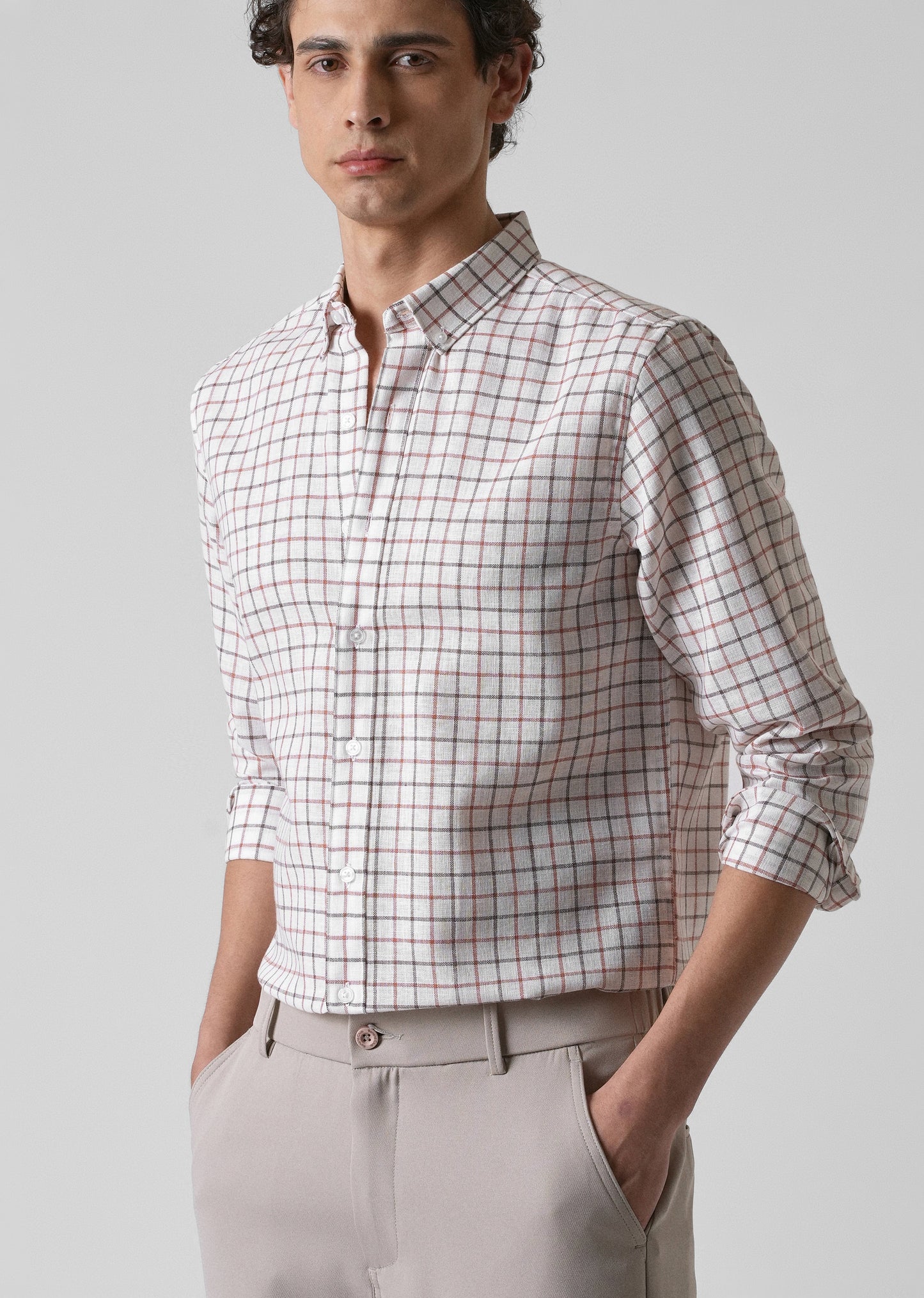 White Red Blended Cotton Check Shirt