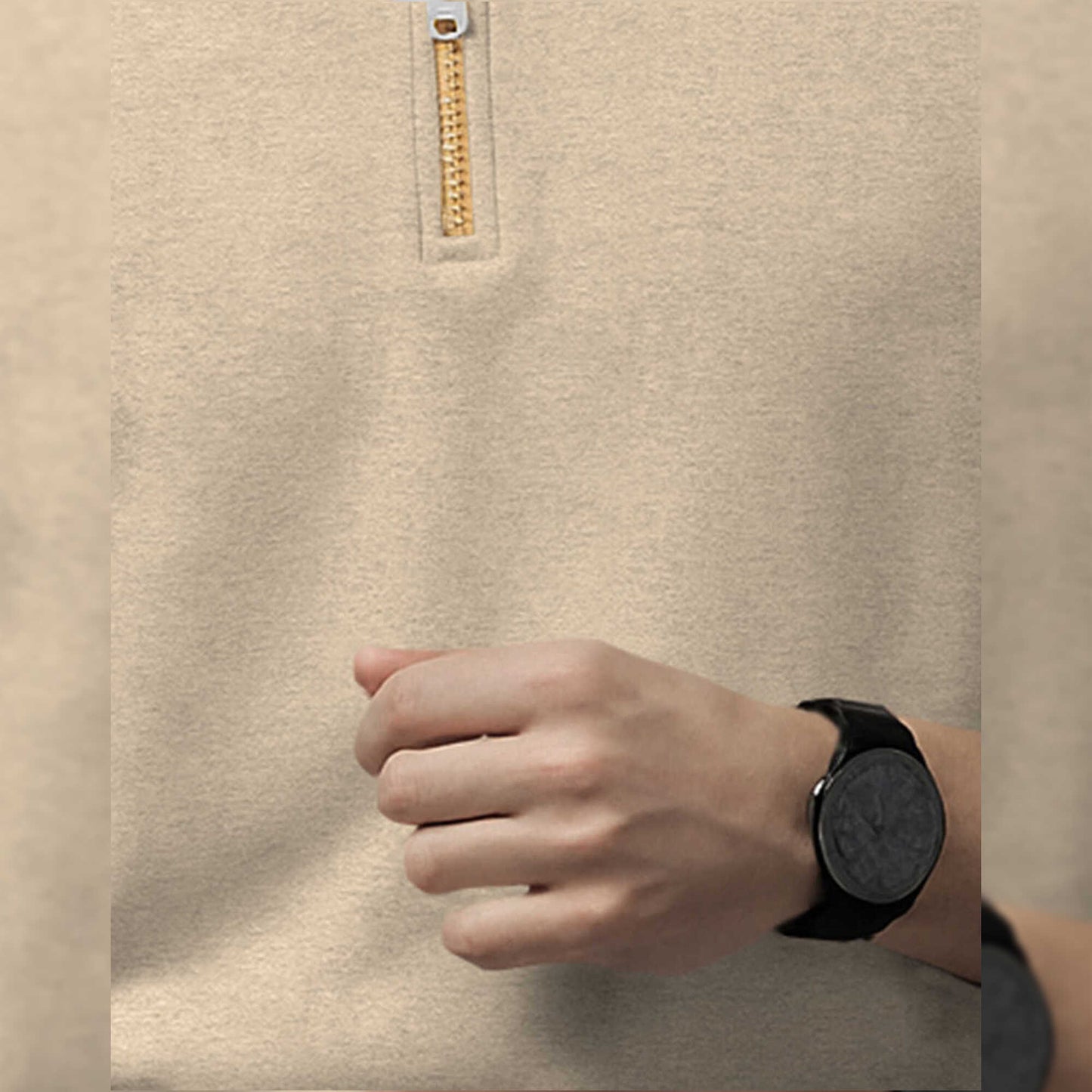 Men High Neck Quarter Zip Up Beige Sweatshirt