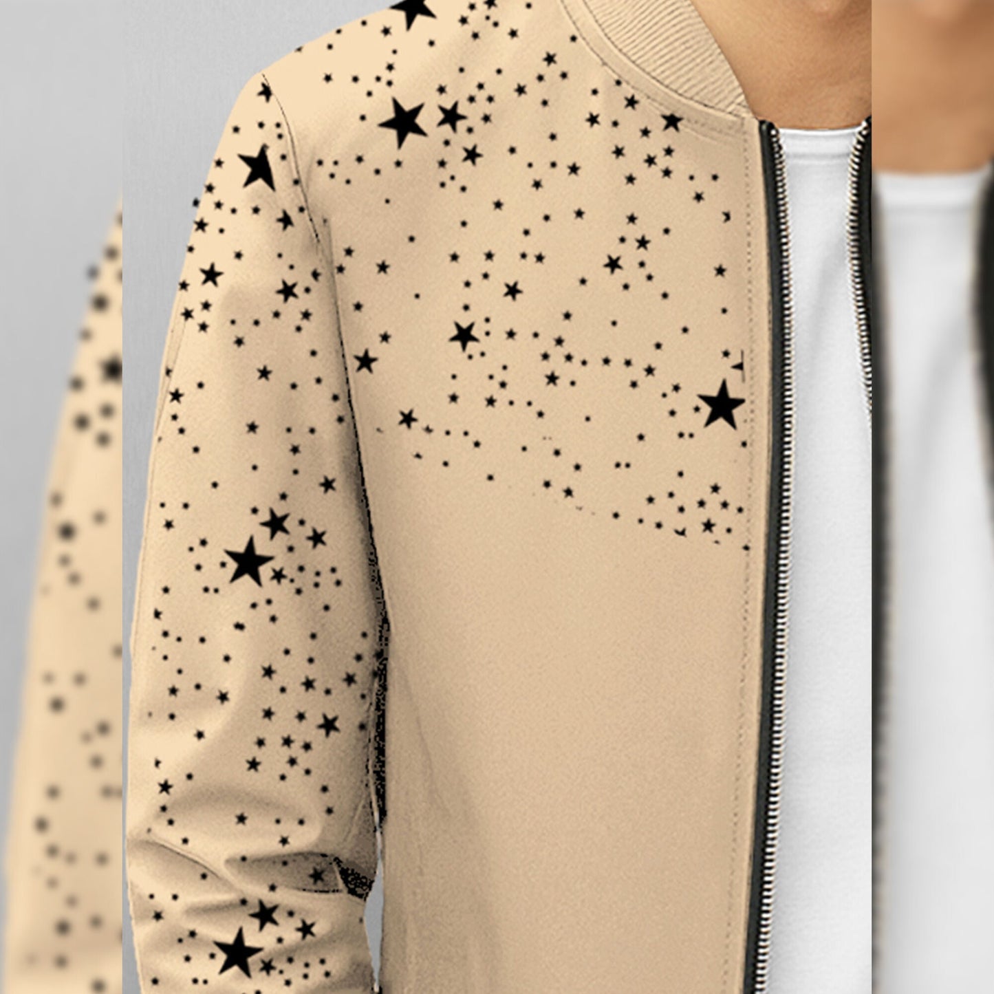 Men Full Sleeve Star Printed Round Neck Jacket Beige
