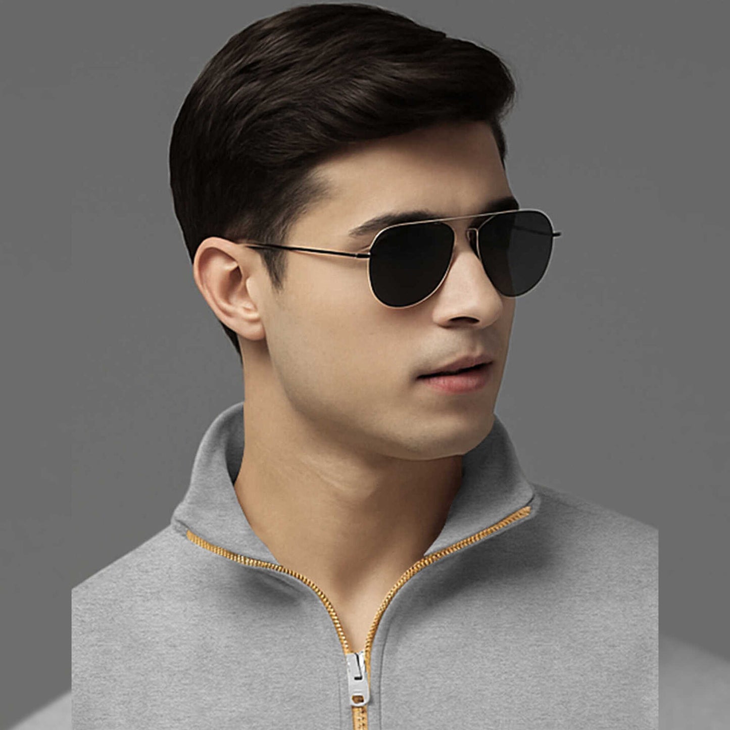 Men High Neck Quarter Zip Up Grey Sweatshirt