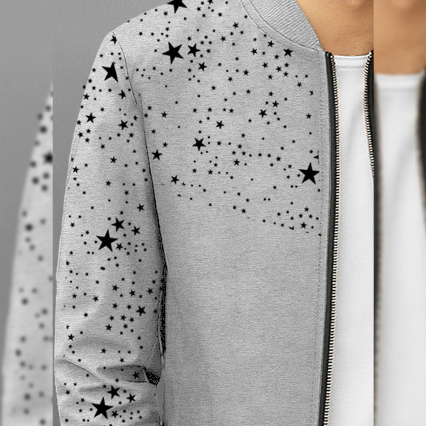 Men Full Sleeve Star Printed Round Neck Jacket Grey