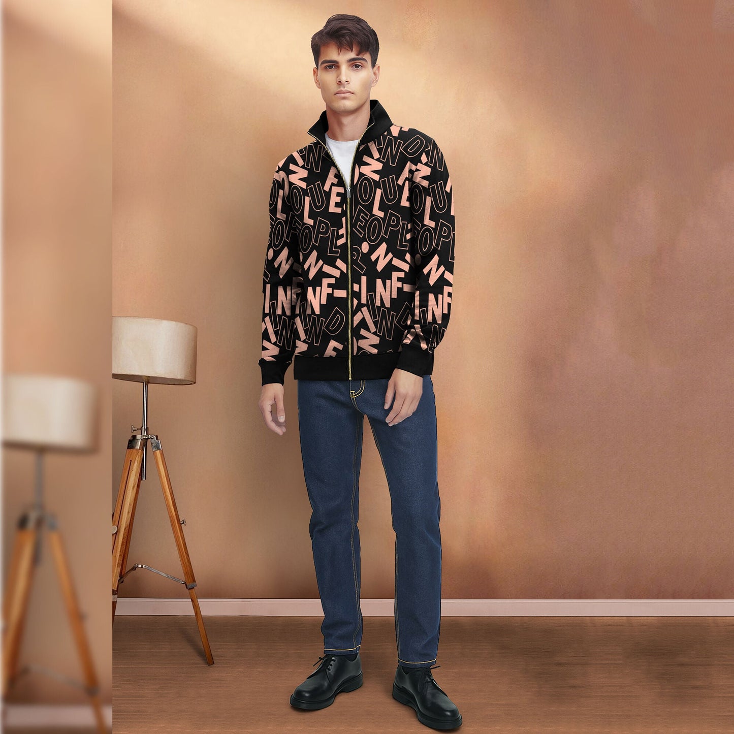 Black And Brown High Neck All Over Printed Jacket