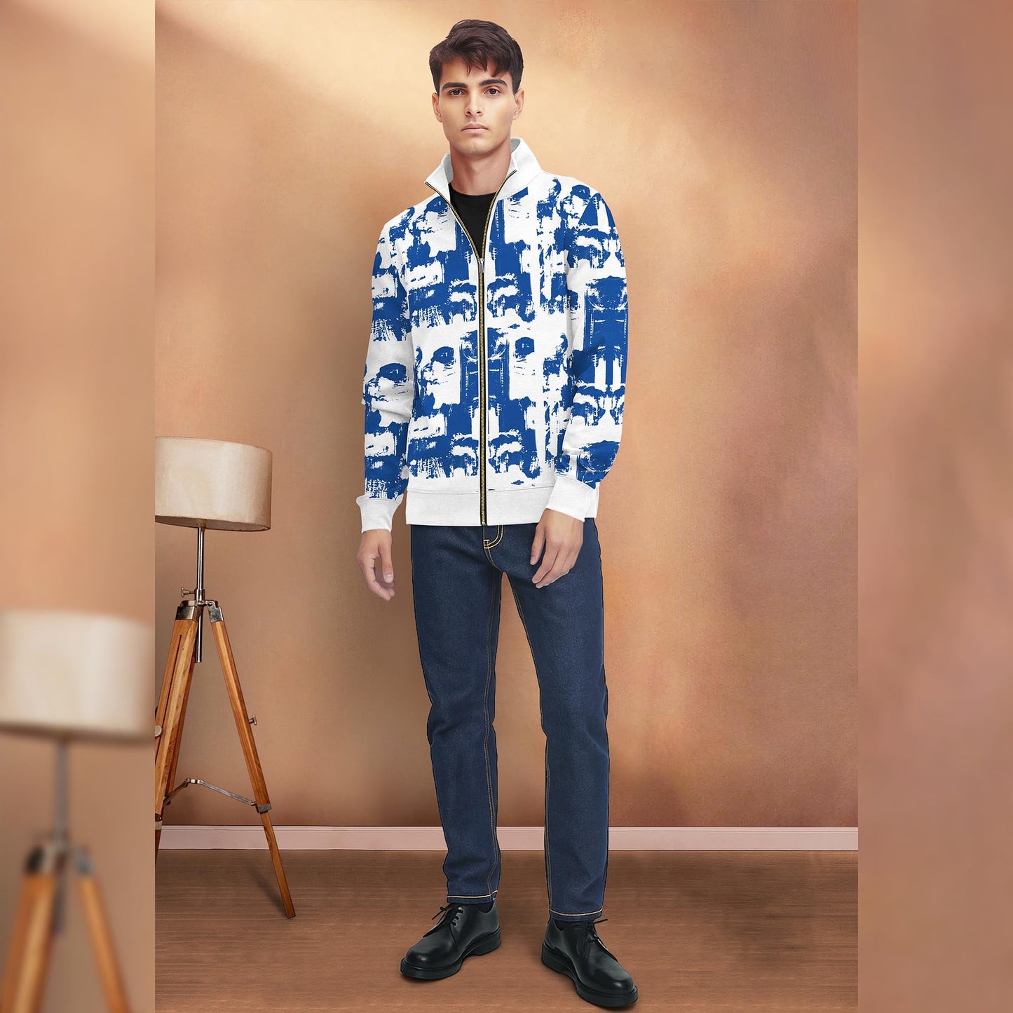 White & Blue High Neck Printed Casual Jacket