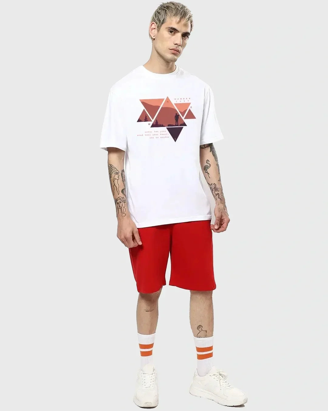 Men's White Wander Geometry Graphic Printed Oversized T-shirt