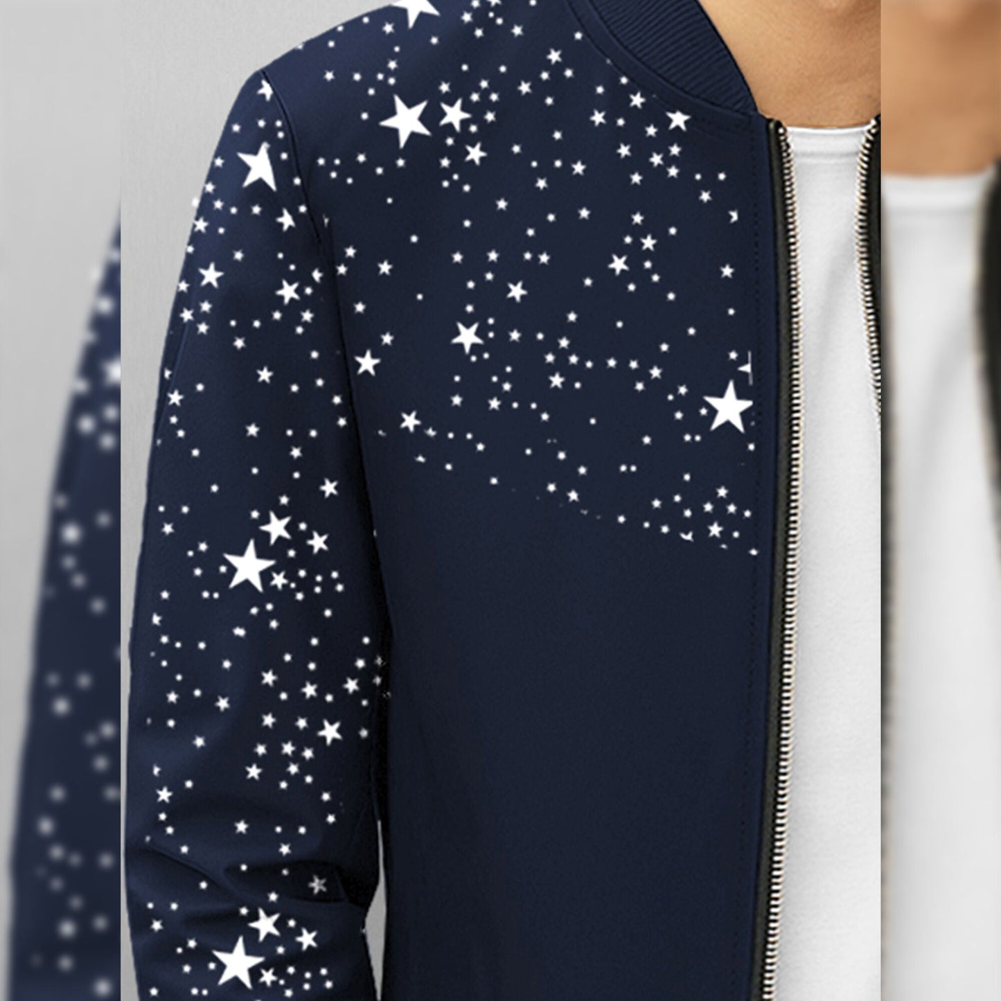 Men Full Sleeve Star Printed Round Neck Jacket Navyblue