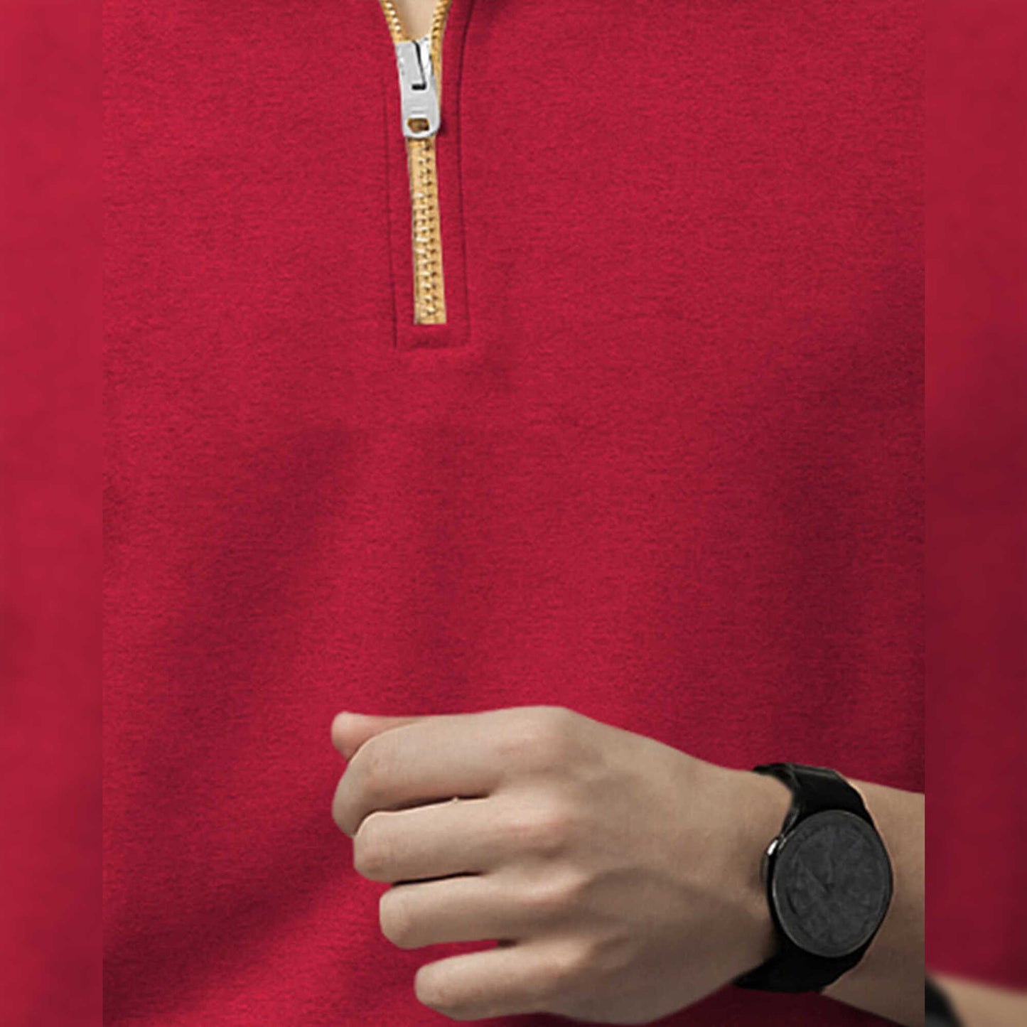 Men High Neck Quarter Zip Up Red Sweatshirt