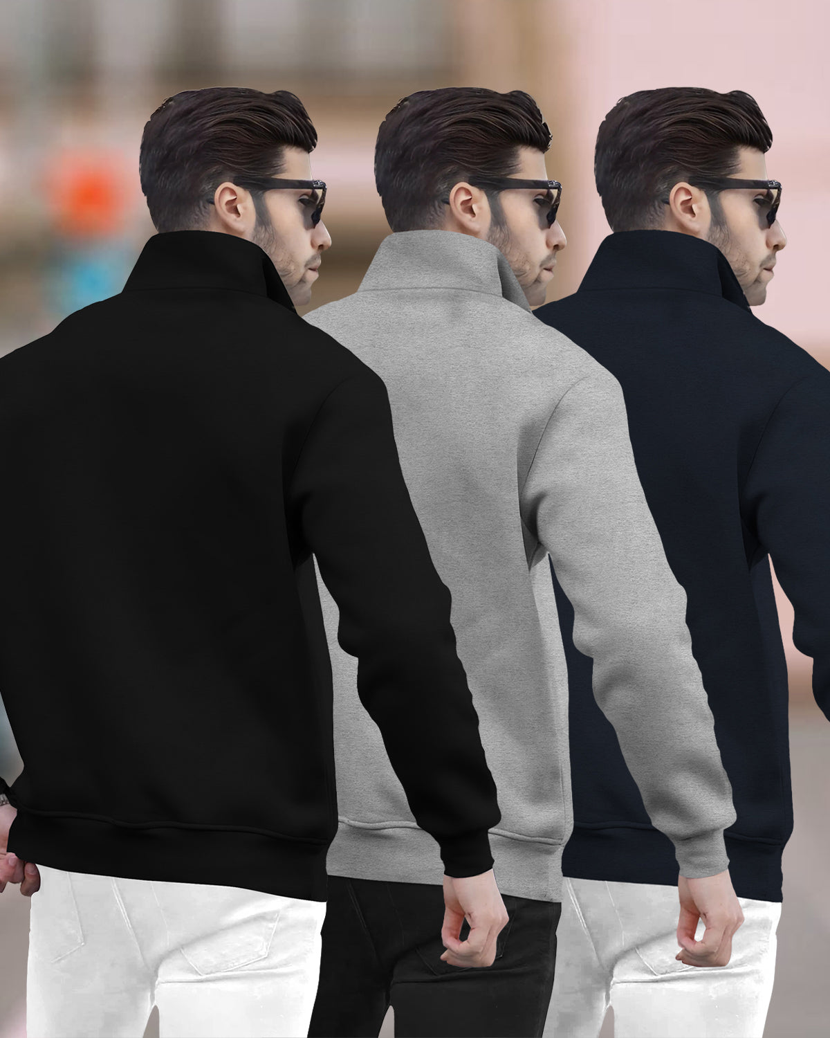 (Pack Of 3) Mens High Neck Winter Sweatshirts Black-Grey-Navyblue