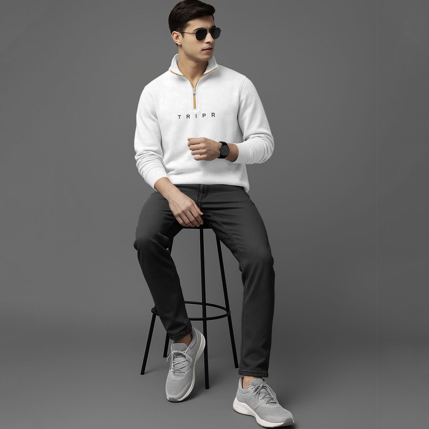 Men Full Sleeve High Neck Sweatshirt White