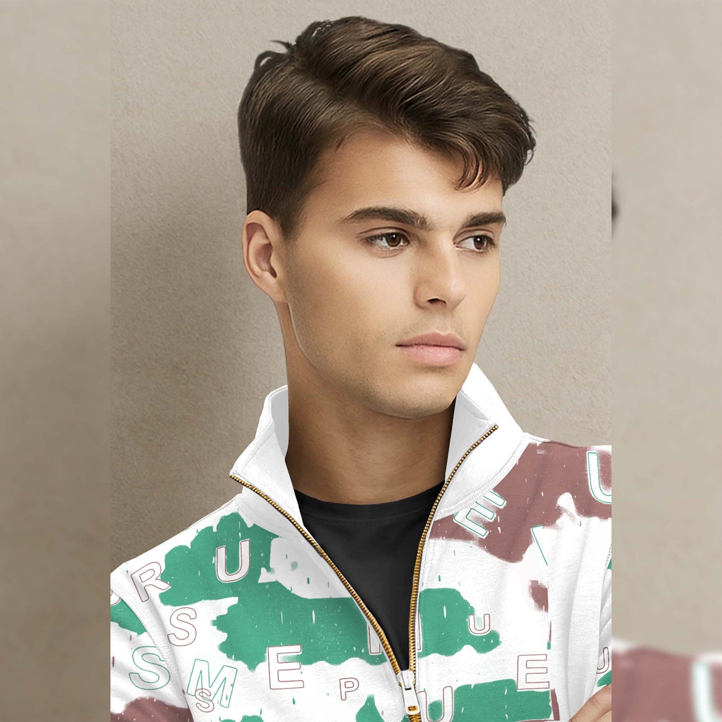 White High Neck Quarter Zip Up All Over Printed Sweatshirt