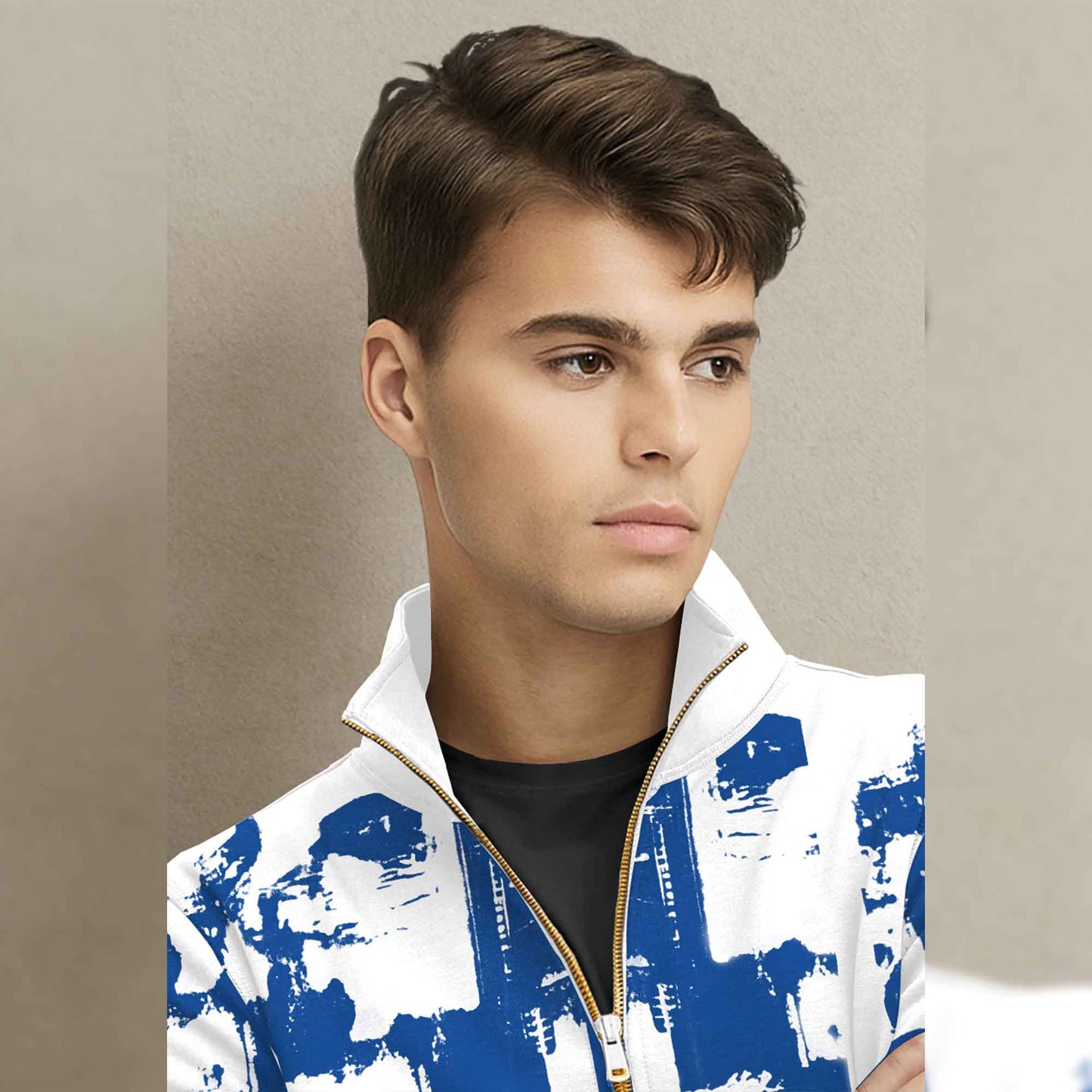 White & Blue High Neck Quarter Zip Up All Over Printed Sweatshirt
