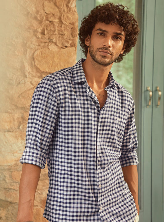 Royal Blue Check Linen Shirt