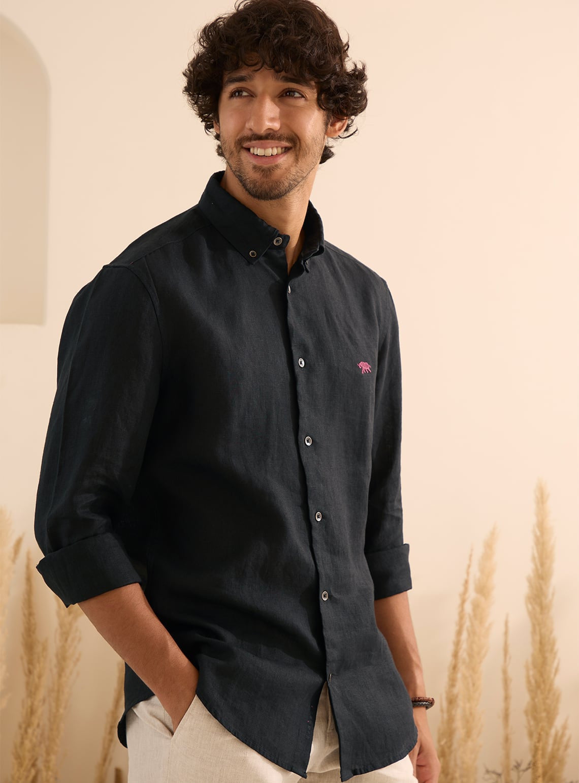 Black Charcoal Linen Wine Mark Shirt