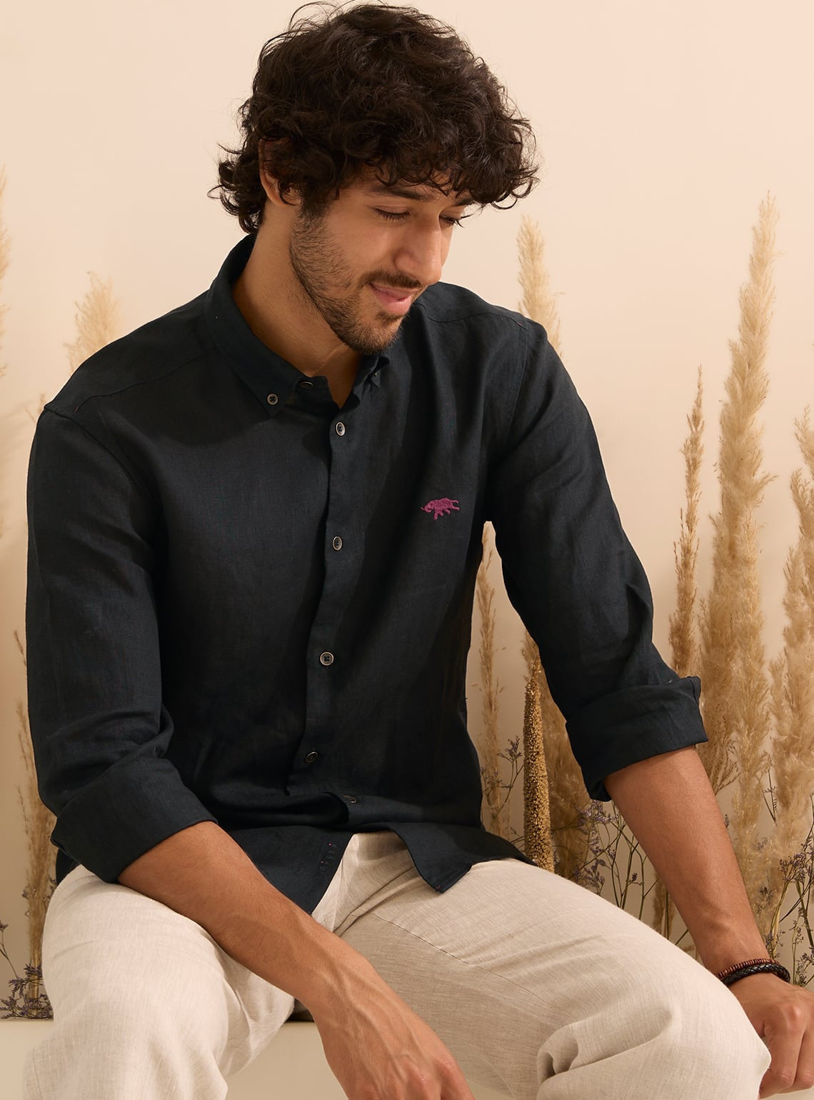 Black Charcoal Linen Wine Mark Shirt