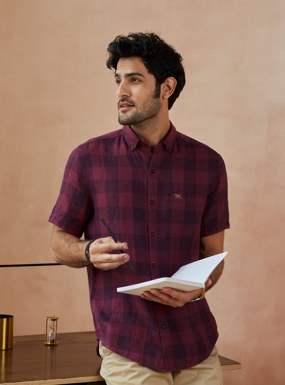 Burgundy Grid Linen Half Shirt