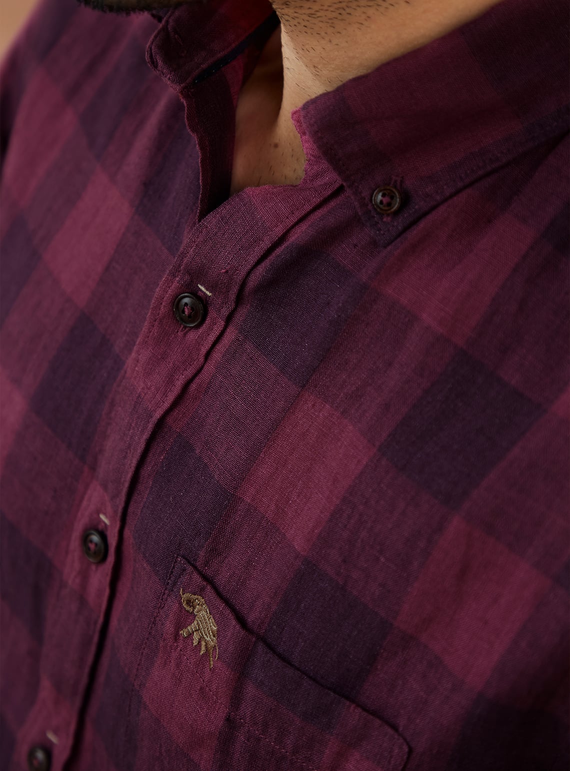 Burgundy Grid Linen Half Shirt