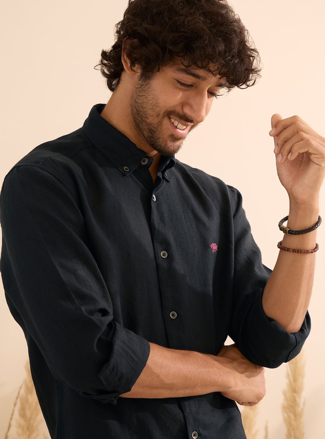 Black Charcoal Linen Wine Mark Shirt