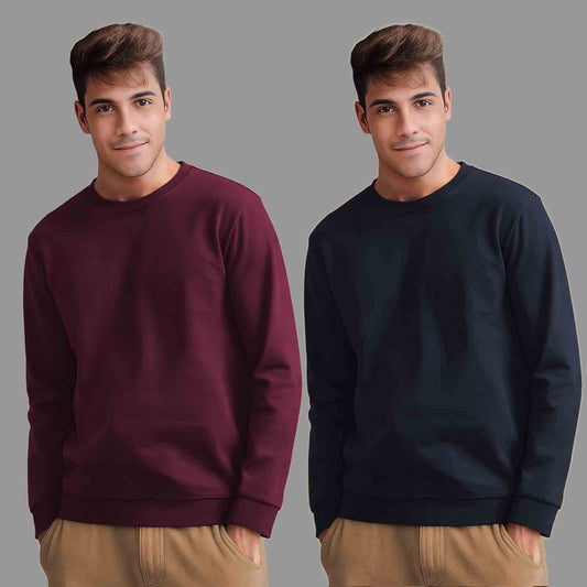 (Pack Of 2) Mens Round Neck Plain Sweatshirts Maroon & Navyblue
