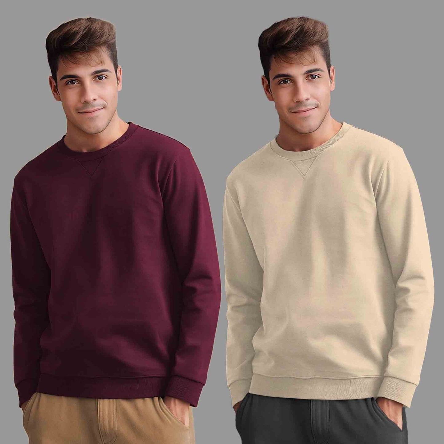 (Pack Of 2) Mens Round Neck Plain Sweatshirts Maroon & Beige