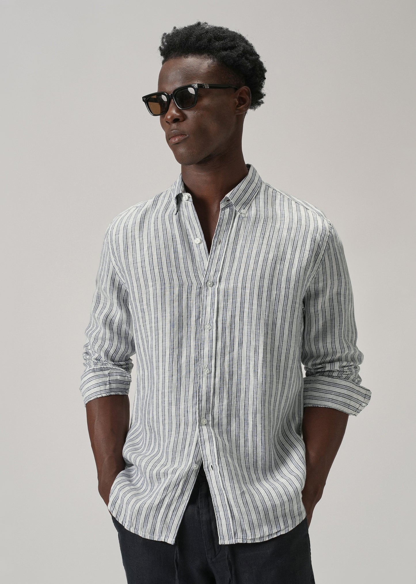 100% Pure Irish Flint Grey Stripe Linen Shirt