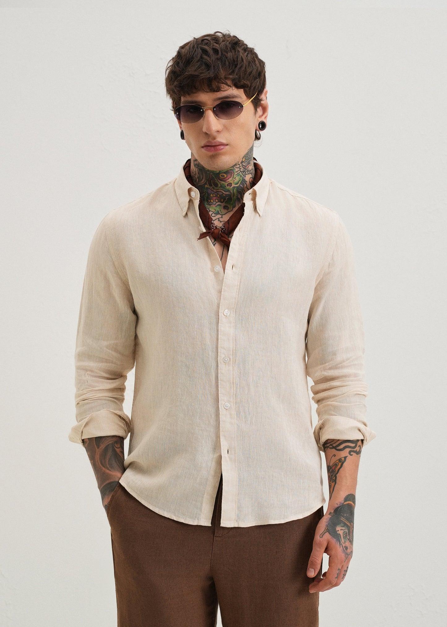 100% Pure Irish Sepia Beige Linen Shirt