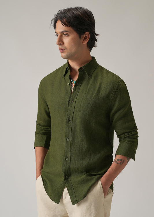 100% Pure Olive Linen Shirt