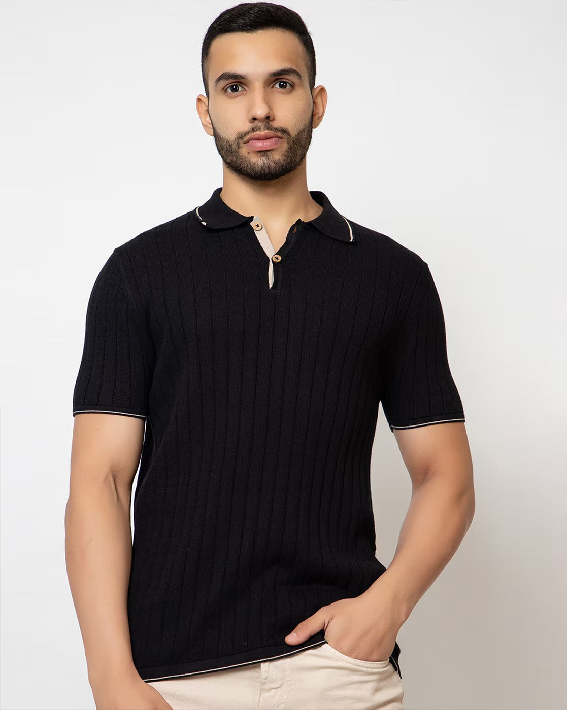 Regular Fit Ribbed Cotton Polo T-Shirt for Men