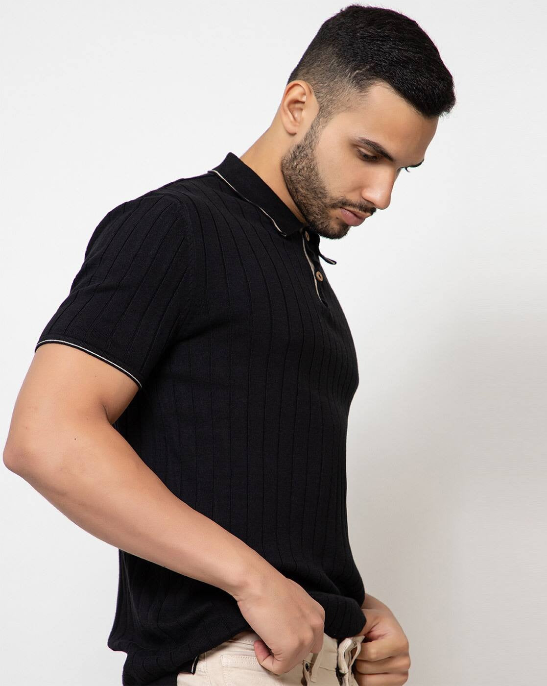 Regular Fit Ribbed Cotton Polo T-Shirt for Men