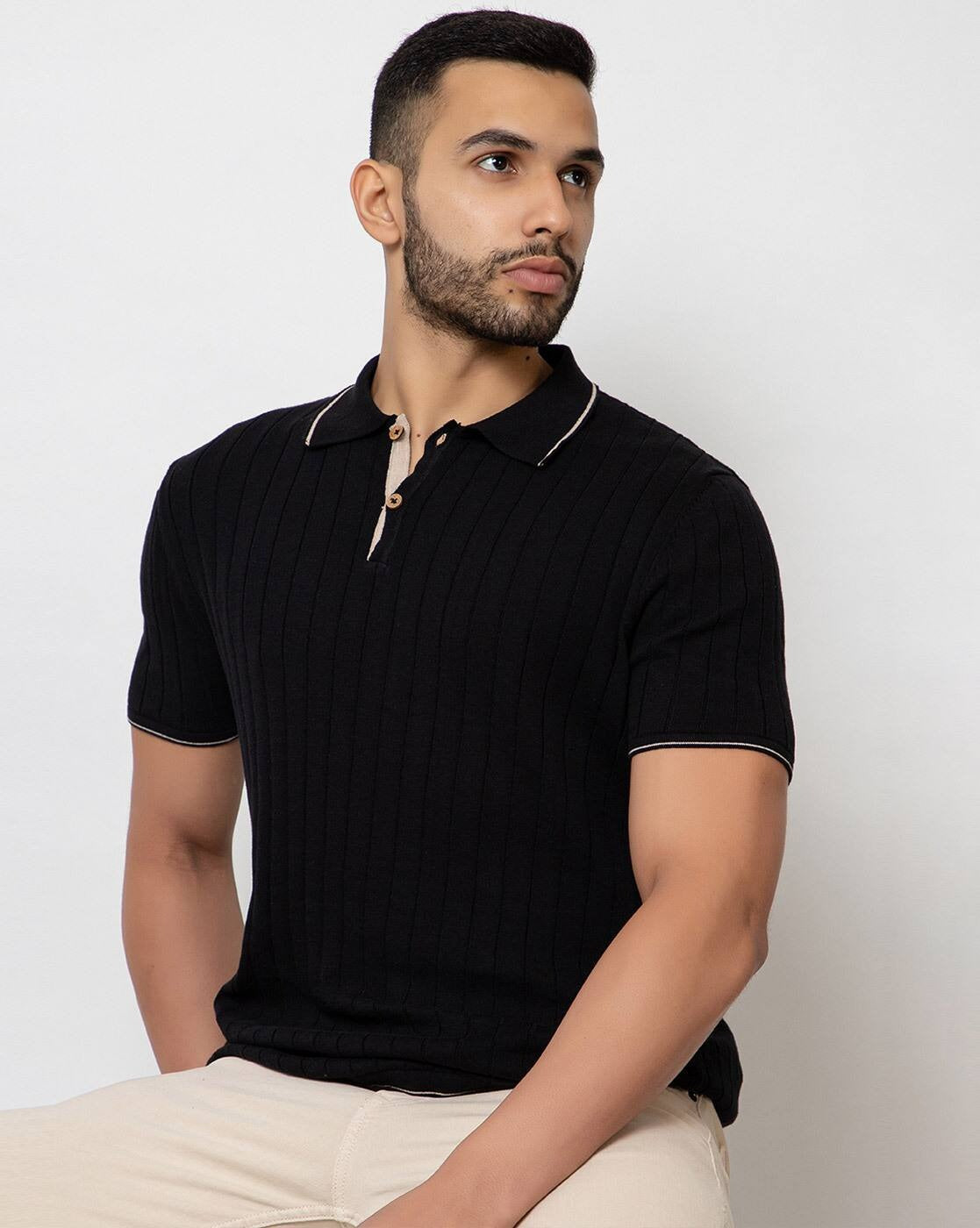 Regular Fit Ribbed Cotton Polo T-Shirt for Men