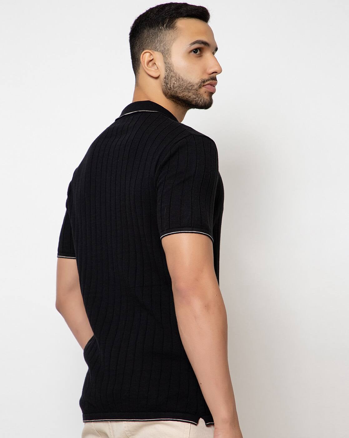 Regular Fit Ribbed Cotton Polo T-Shirt for Men