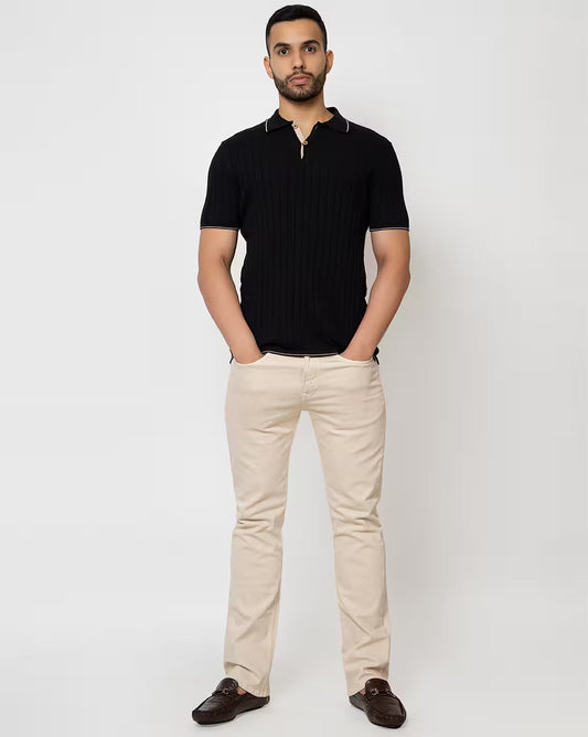 Regular Fit Ribbed Cotton Polo T-Shirt for Men