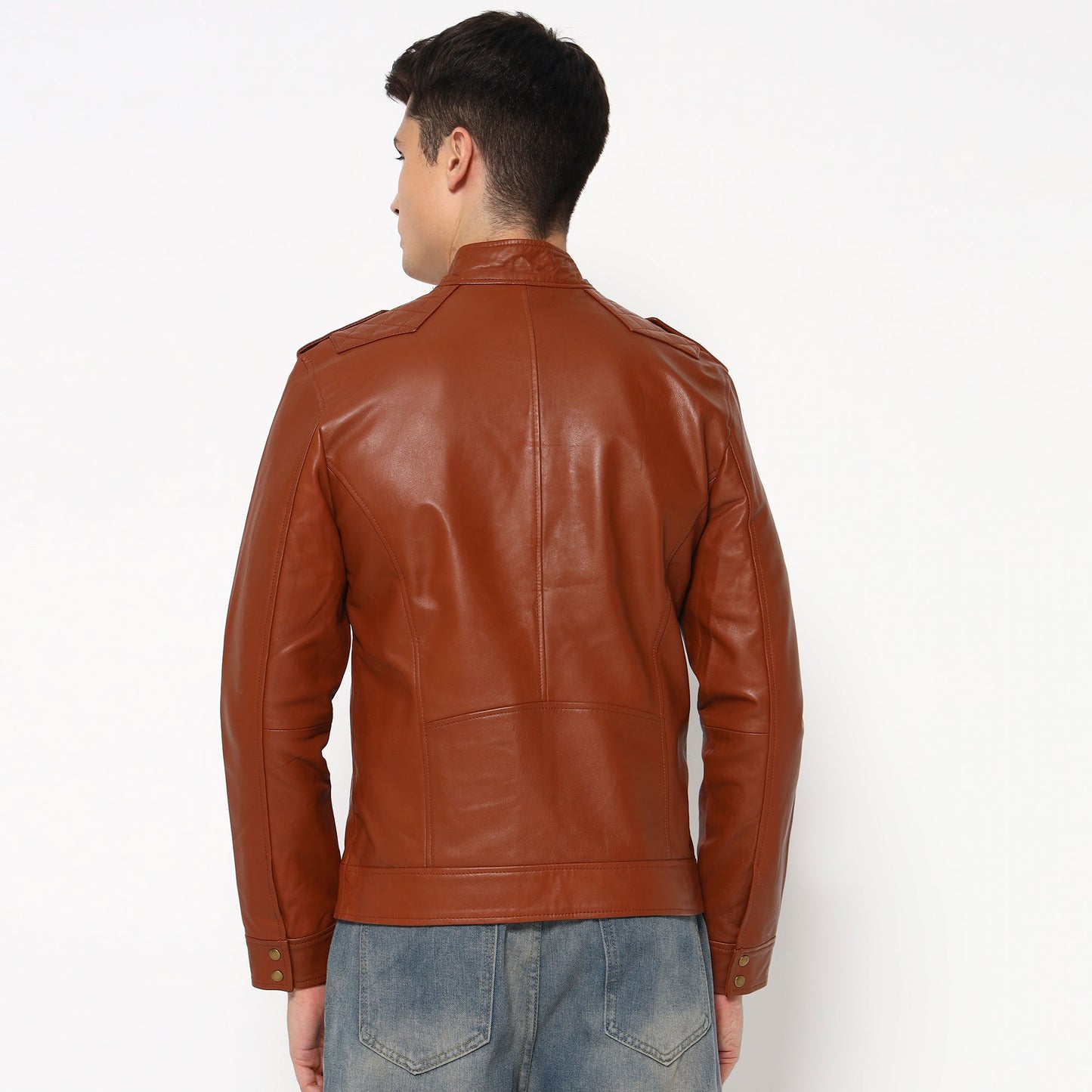Men Brown Genuine Leather Biker Jacket