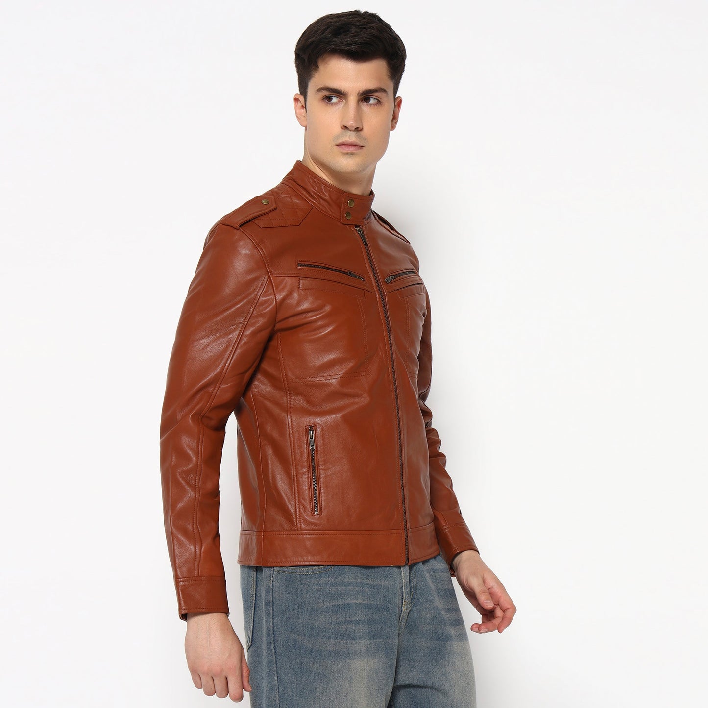 Men Brown Genuine Leather Biker Jacket