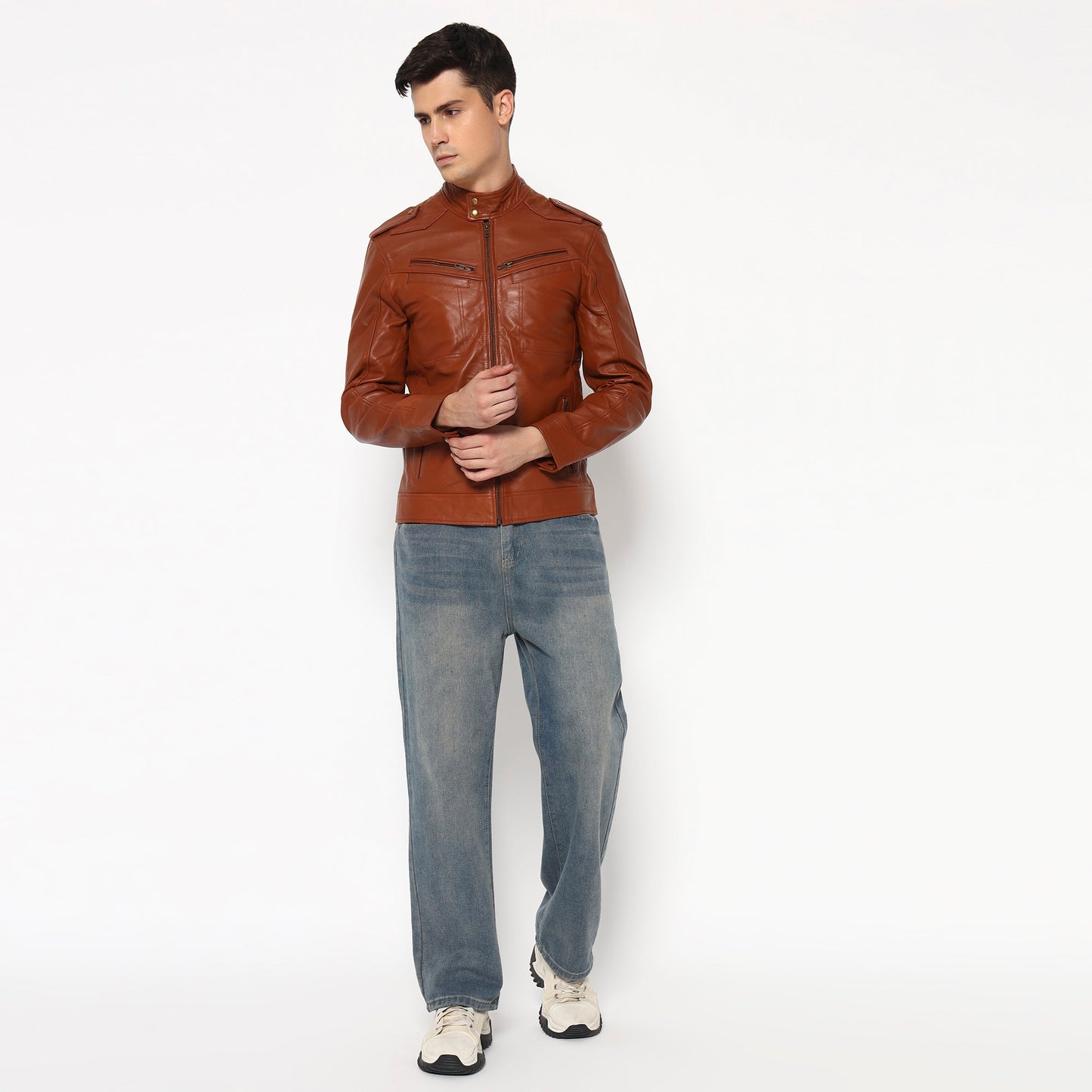 Men Brown Genuine Leather Biker Jacket