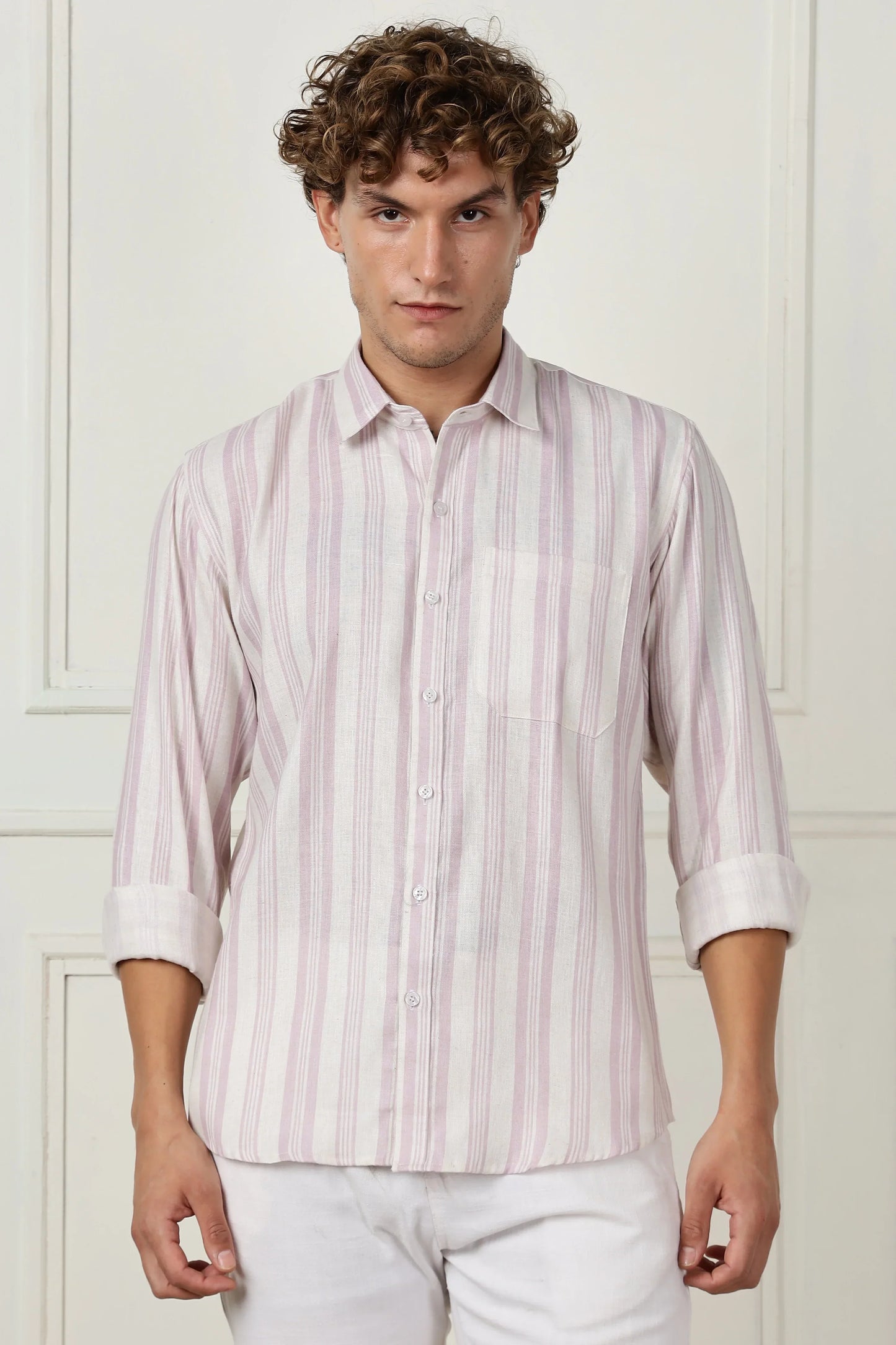 Lavender stripe printed full sleeve linen shirt