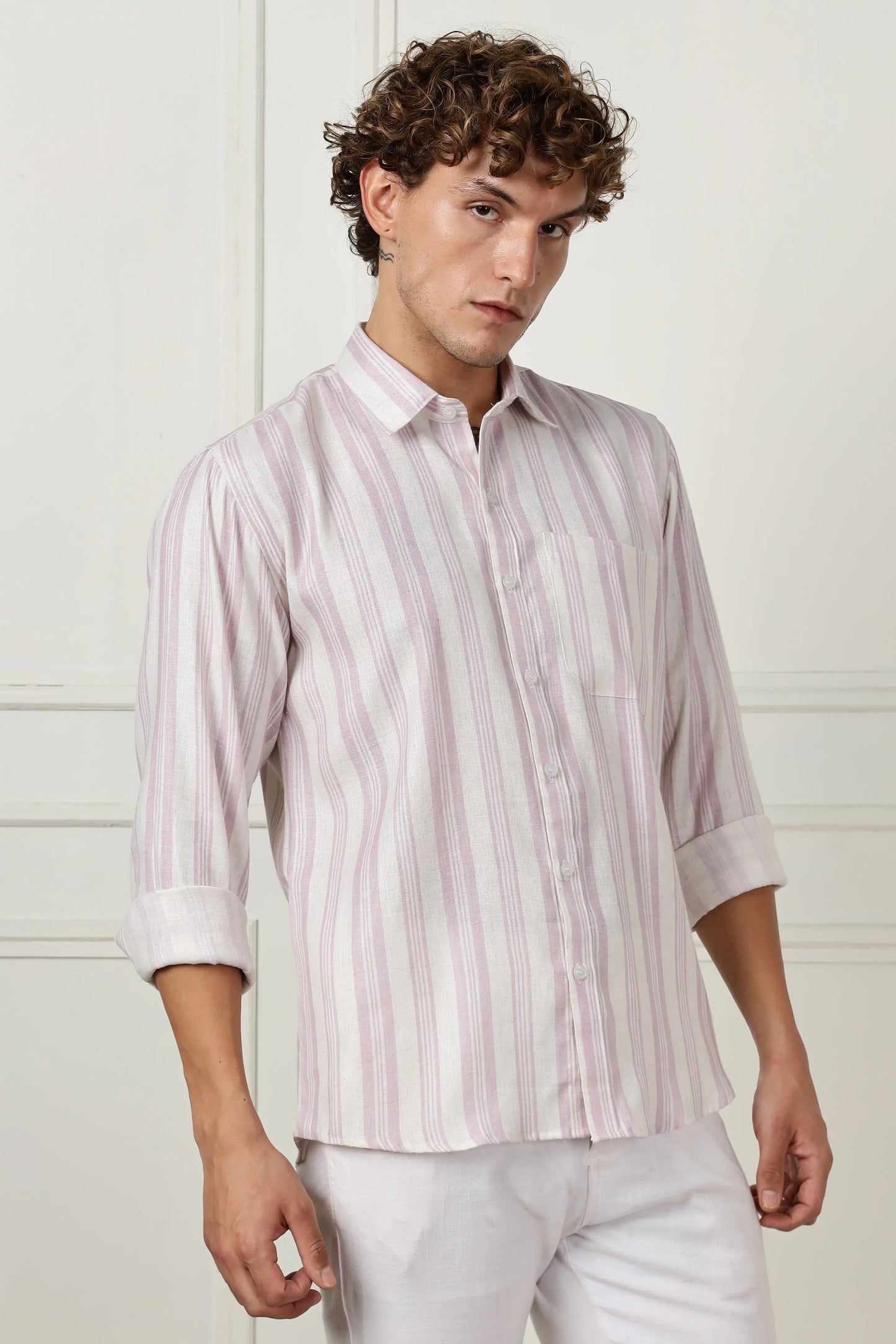 Lavender stripe printed full sleeve linen shirt