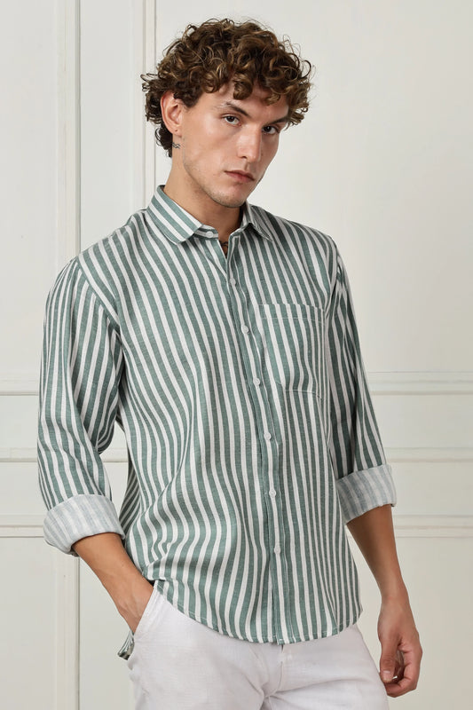 Green stripe printed full sleeve linen shirt