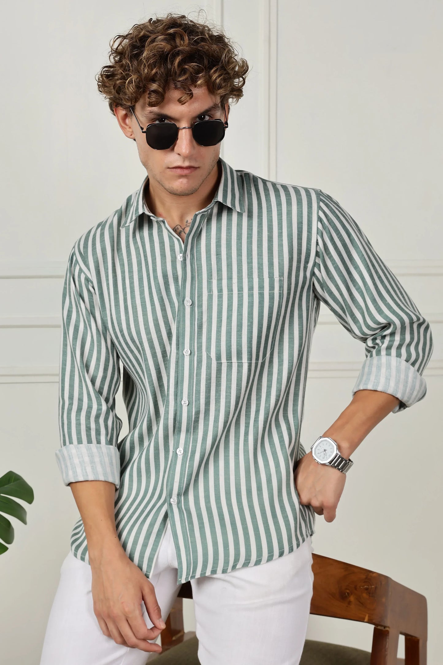 Green stripe printed full sleeve linen shirt