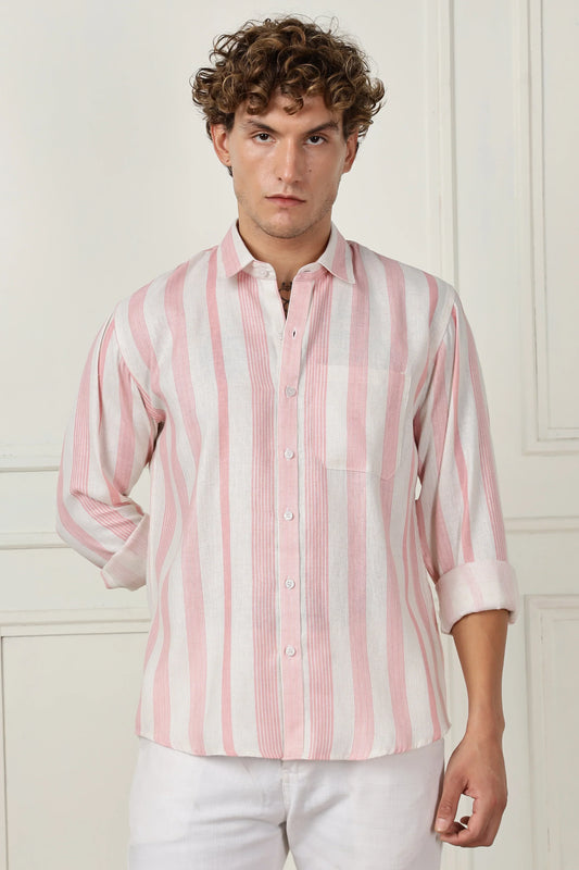 Pink stripe printed full sleeve linen shirt