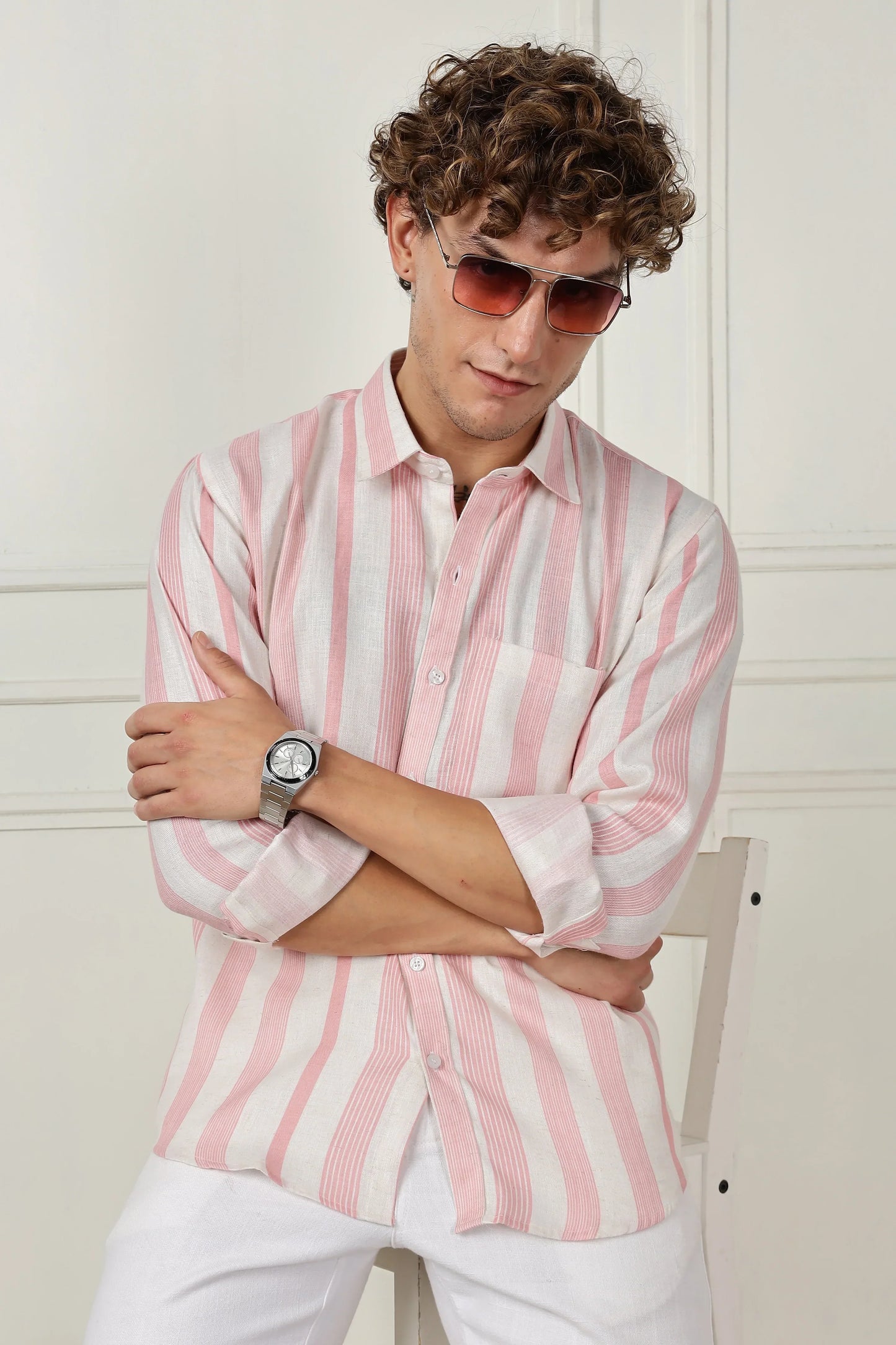 Pink stripe printed full sleeve linen shirt