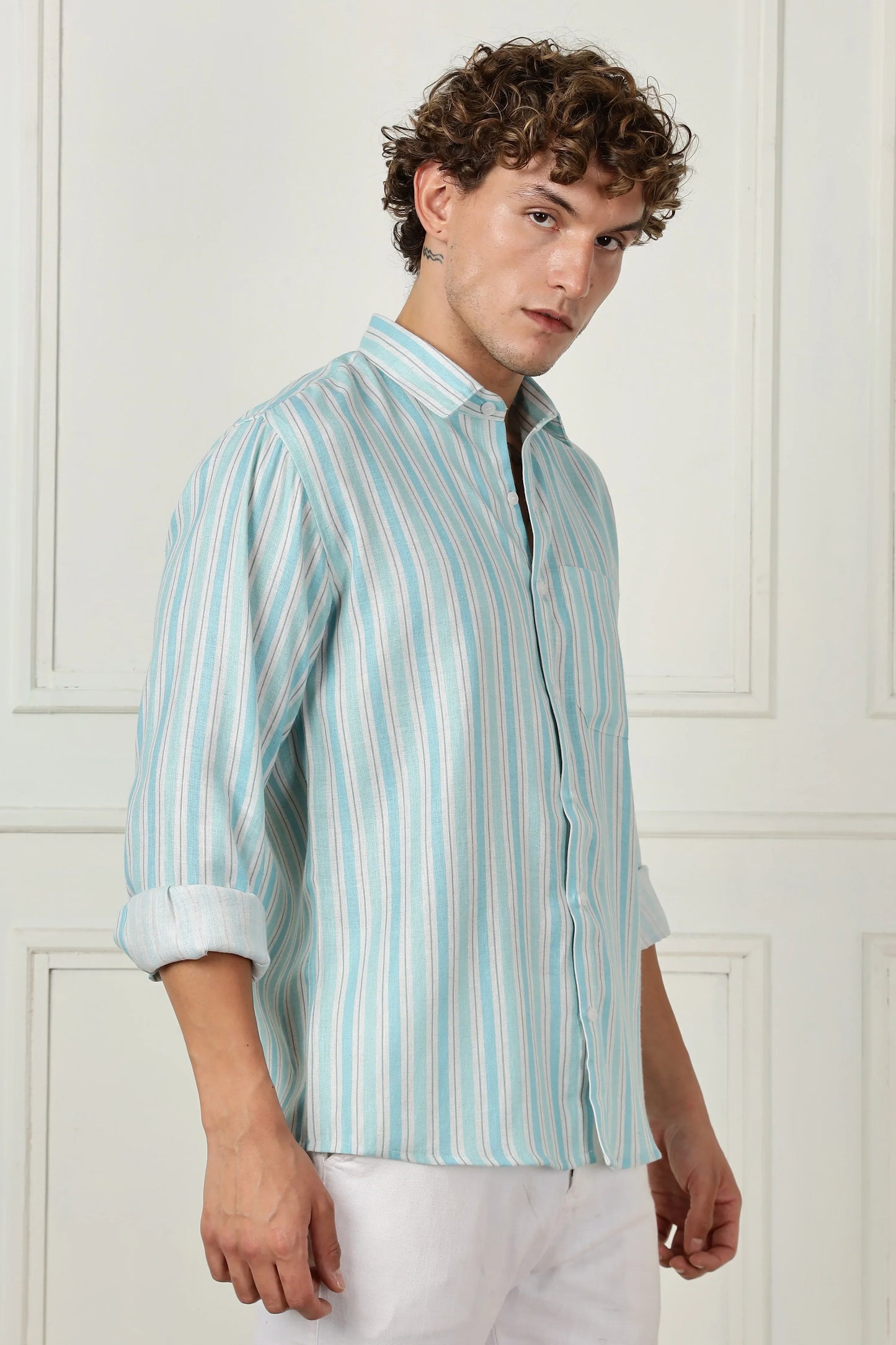 turquoise stripe printed full sleeve linen shirt