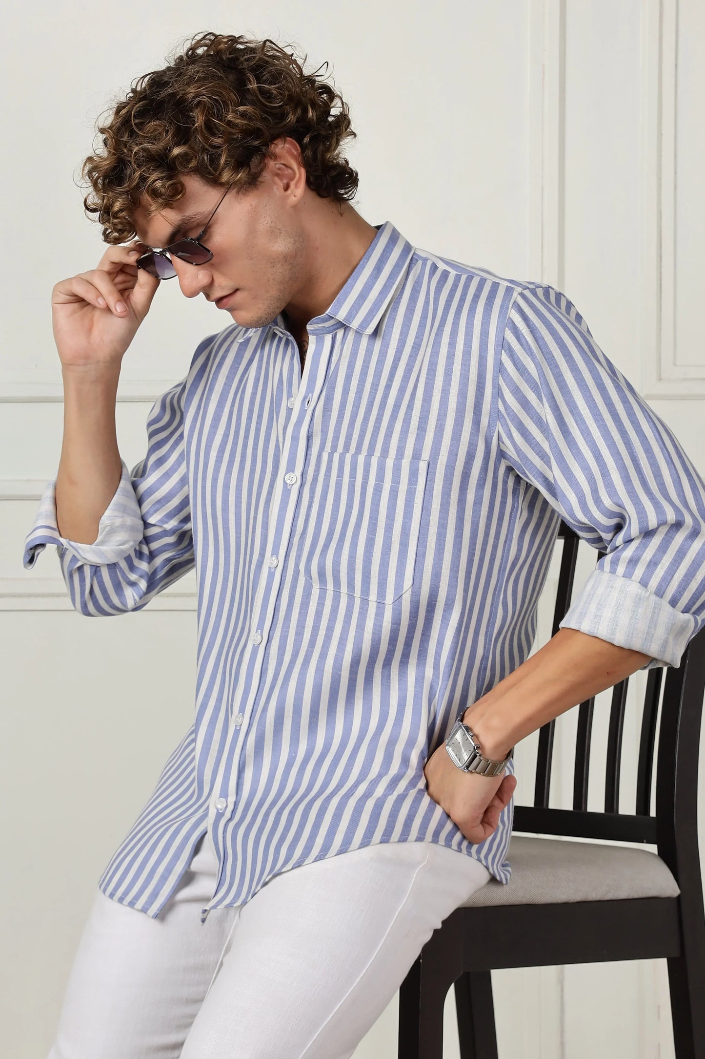 Blue stripe printed full sleeve linen shirt