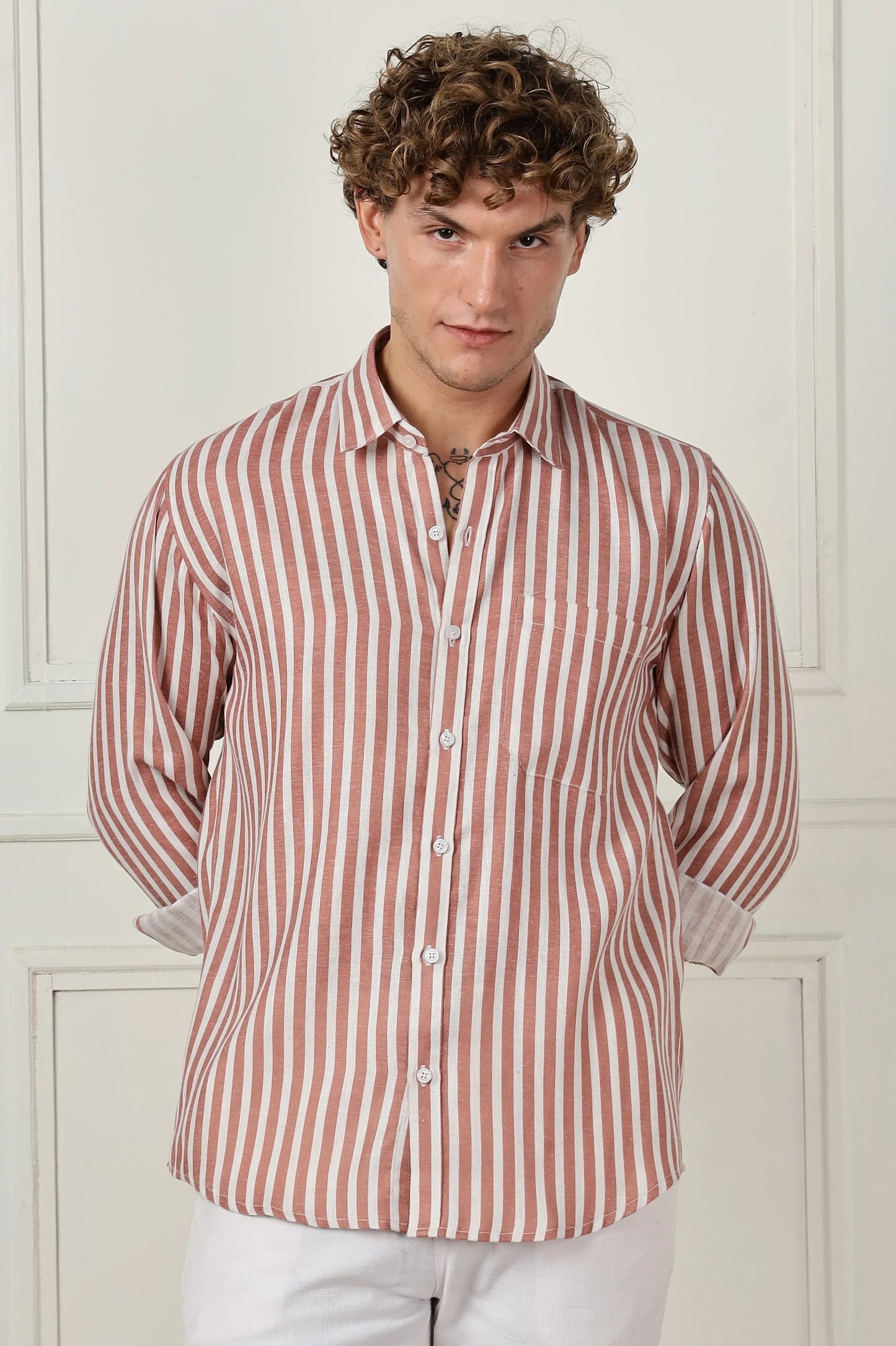 Red stripe printed full sleeve linen shirt