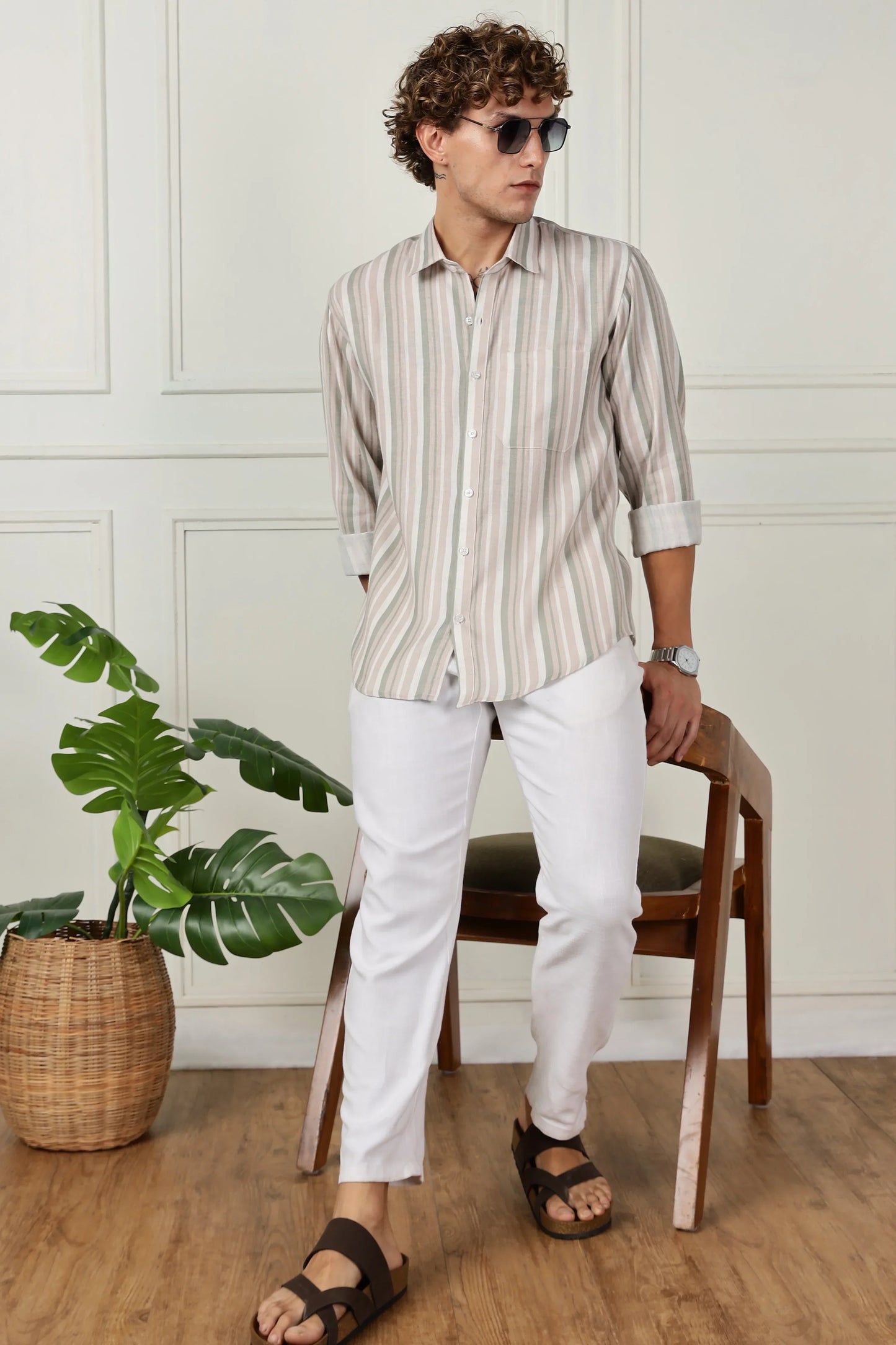 Beige stripe printed full sleeve linen shirt